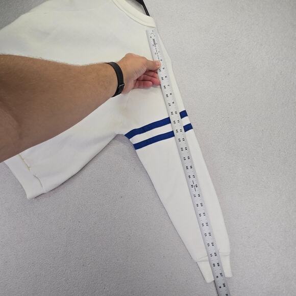 VTG Jerzees By Russell Cardigan Sweater M 1980s White Blue Striped Cotton Blank - Picture 9 of 11